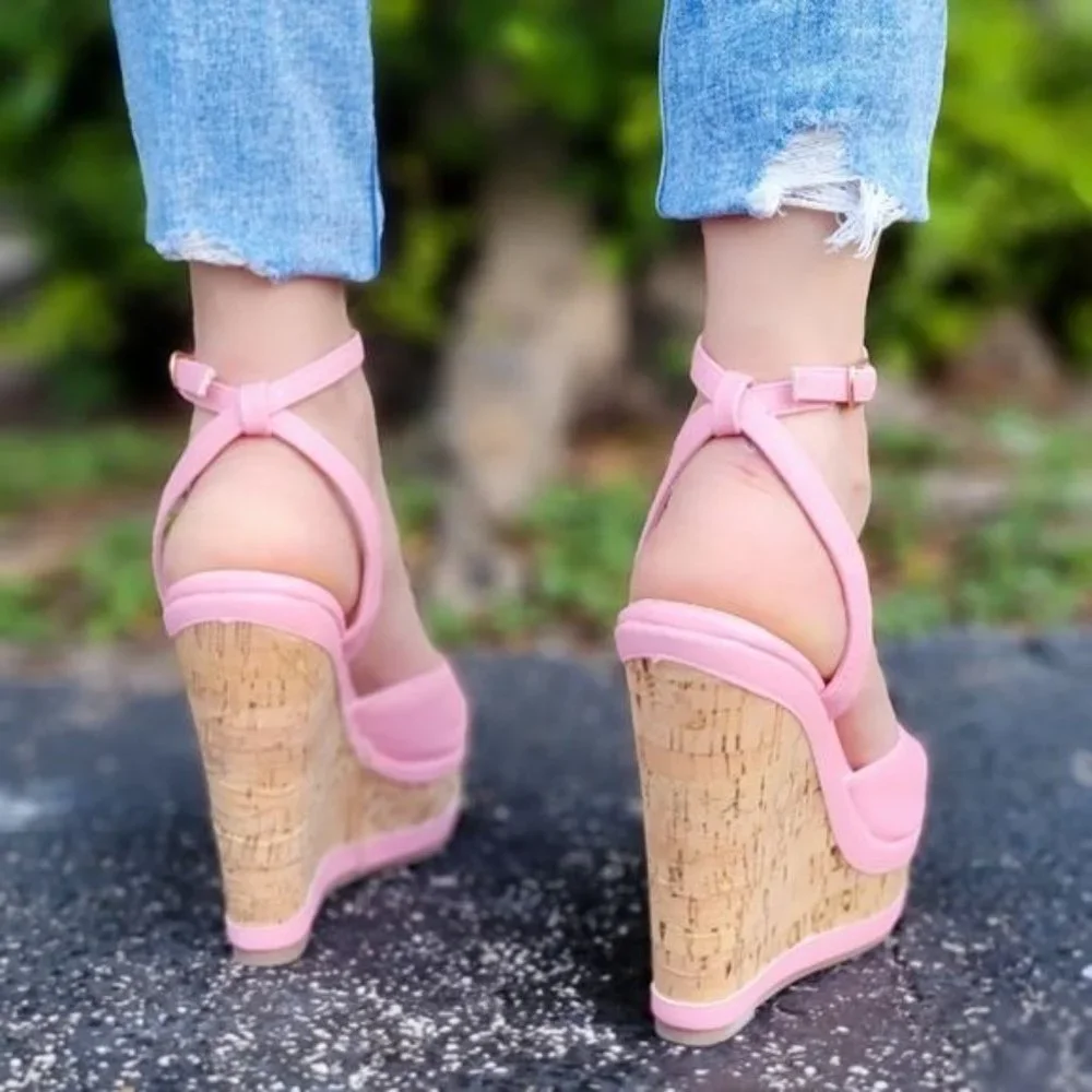 Women Platform Wedge Sandals Ankle Strap Pink Color - Picture 4 of 5